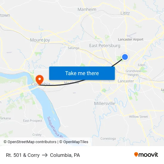 Rt. 501 & Corry to Columbia, PA map