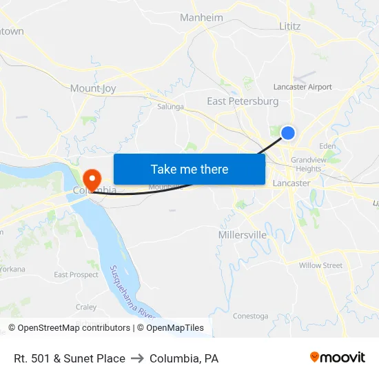 Rt. 501 & Sunet Place to Columbia, PA map