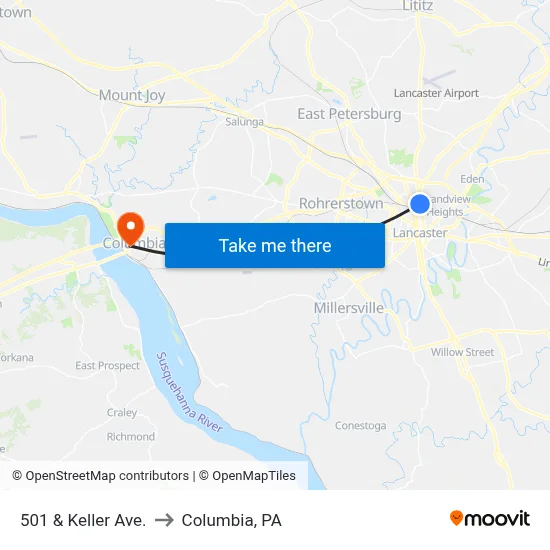 501 & Keller Ave. to Columbia, PA map