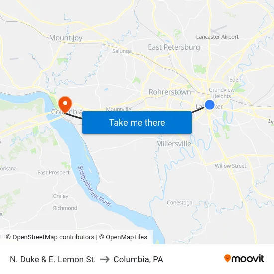 N. Duke & E. Lemon St. to Columbia, PA map