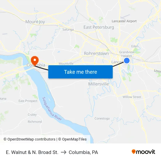 E. Walnut & N. Broad St. to Columbia, PA map