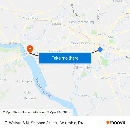 E. Walnut & N. Shippen St. to Columbia, PA map