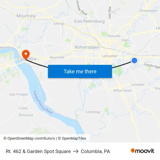 Rt. 462 & Garden Spot Square to Columbia, PA map