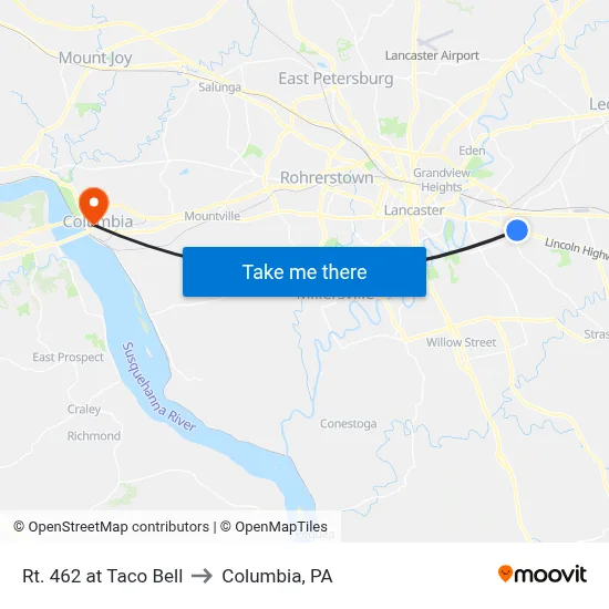 Rt. 462 at Taco Bell to Columbia, PA map