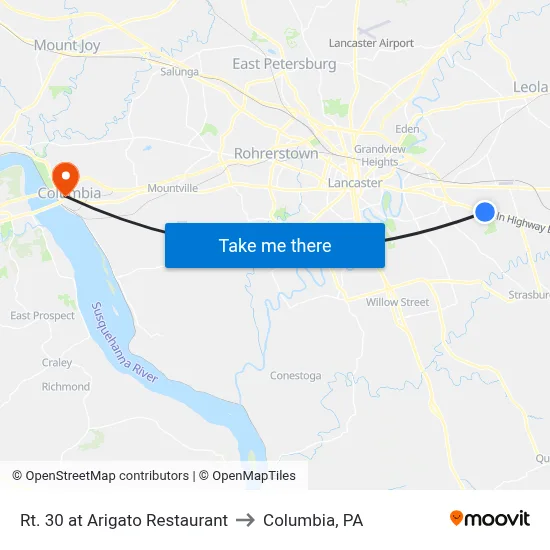 Rt. 30 at Arigato Restaurant to Columbia, PA map
