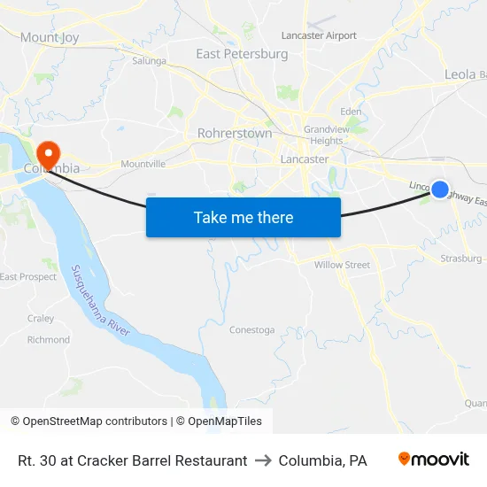 Rt. 30 at Cracker Barrel Restaurant to Columbia, PA map