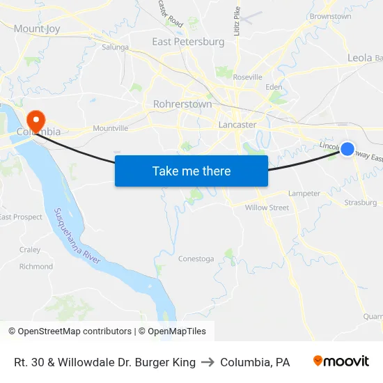 Rt. 30 & Willowdale Dr. Burger King to Columbia, PA map