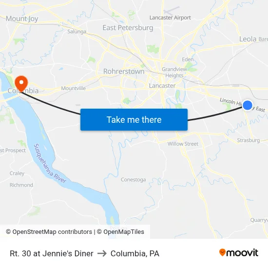 Rt. 30 at Jennie's Diner to Columbia, PA map