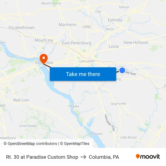 Rt. 30 at Paradise Custom Shop to Columbia, PA map