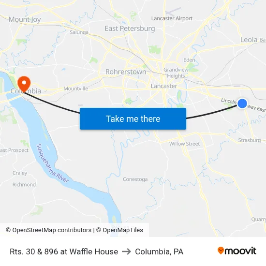Rts. 30 & 896 at Waffle House to Columbia, PA map