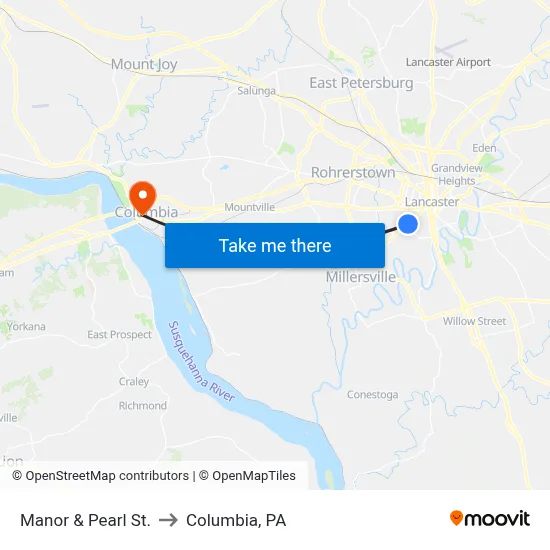 Manor & Pearl St. to Columbia, PA map