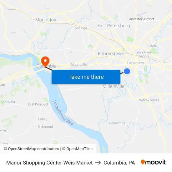 Manor Shopping Center Weis Market to Columbia, PA map