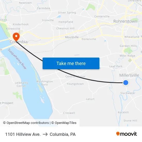 1101 Hillview Ave. to Columbia, PA map