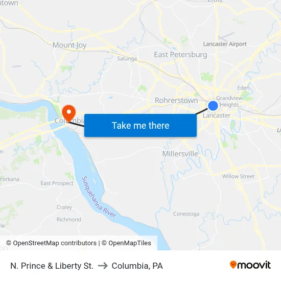 N. Prince & Liberty St. to Columbia, PA map