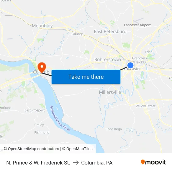 N. Prince & W. Frederick St. to Columbia, PA map