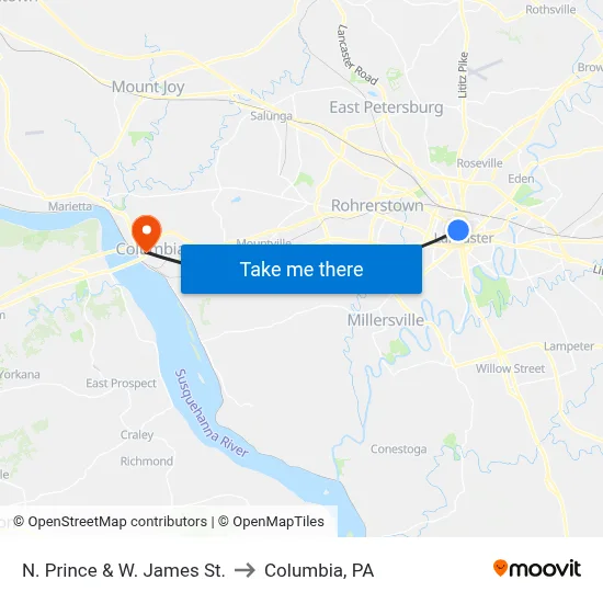 N. Prince & W. James St. to Columbia, PA map