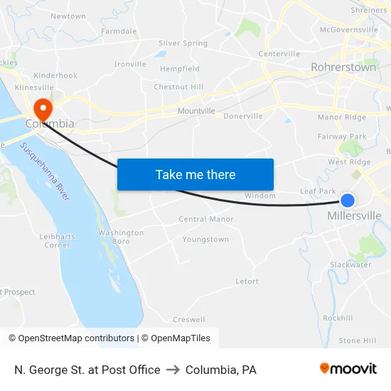 N. George St. at Post Office to Columbia, PA map