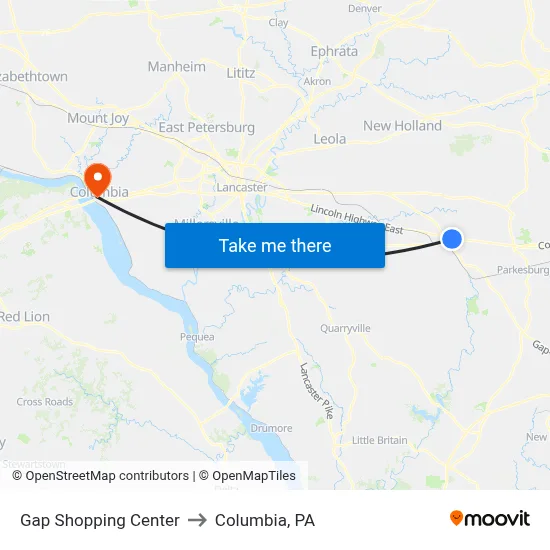 Gap Shopping Center to Columbia, PA map