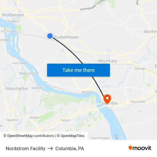 Nordstrom Facility to Columbia, PA map