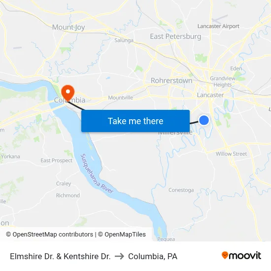 Elmshire Dr. & Kentshire Dr. to Columbia, PA map