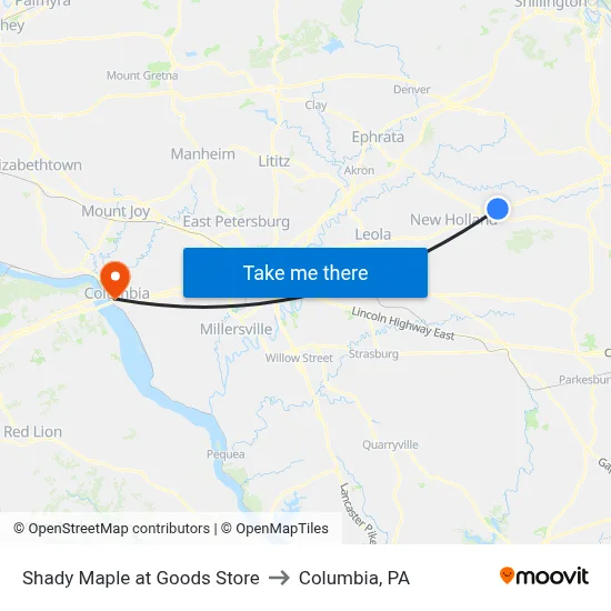 Shady Maple at Goods Store to Columbia, PA map