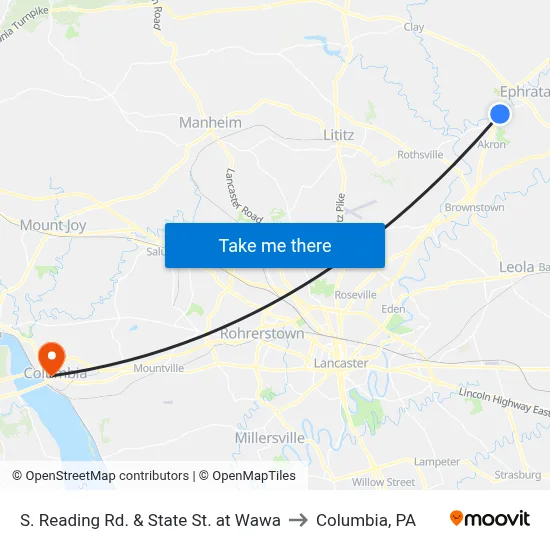 S. Reading Rd. & State St. at Wawa to Columbia, PA map