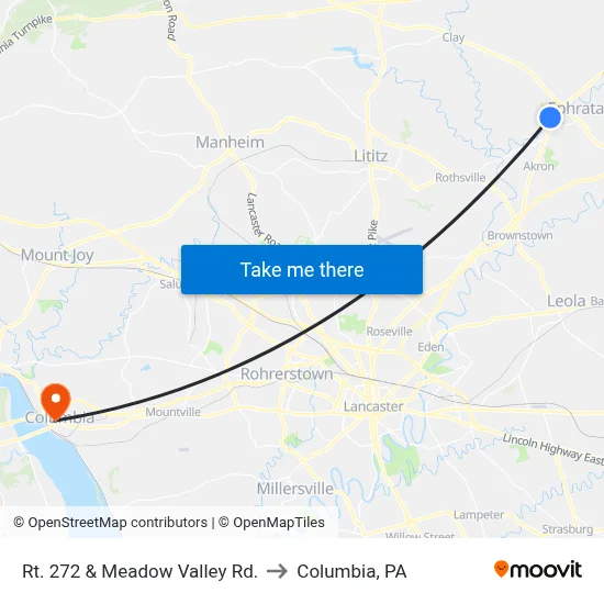 Rt. 272 & Meadow Valley Rd. to Columbia, PA map