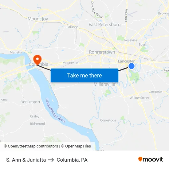 S. Ann & Juniatta to Columbia, PA map