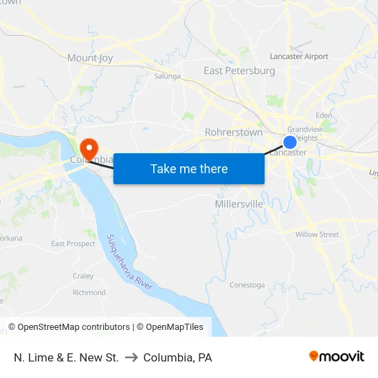 N. Lime & E. New St. to Columbia, PA map