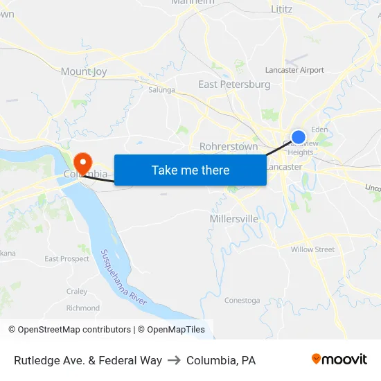 Rutledge Ave. & Federal Way to Columbia, PA map