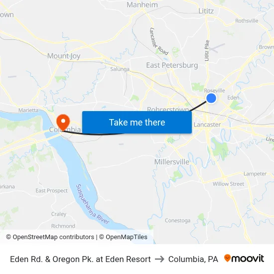 Eden Rd. & Oregon Pk. at Eden Resort to Columbia, PA map