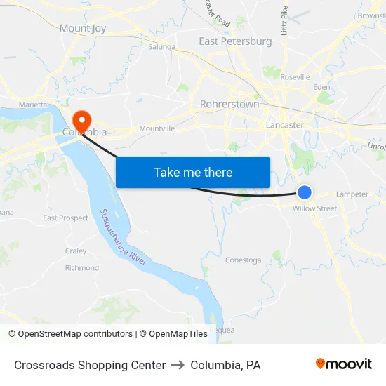 Crossroads Shopping Center to Columbia, PA map