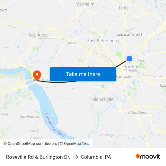 Roseville Rd & Burlington Dr. to Columbia, PA map
