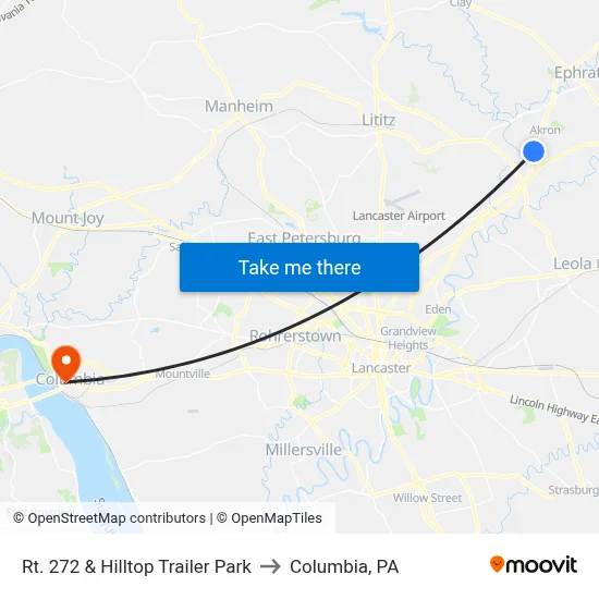 Rt. 272 & Hilltop Trailer Park to Columbia, PA map
