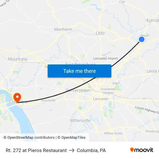 Rt. 272 at Pieros Restaurant to Columbia, PA map