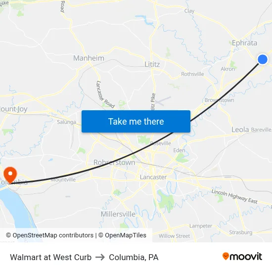 Walmart at West Curb to Columbia, PA map