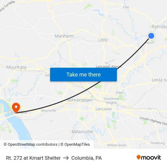 Rt. 272 at Kmart Shelter to Columbia, PA map