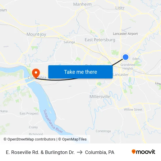 E. Roseville Rd. & Burlington Dr. to Columbia, PA map