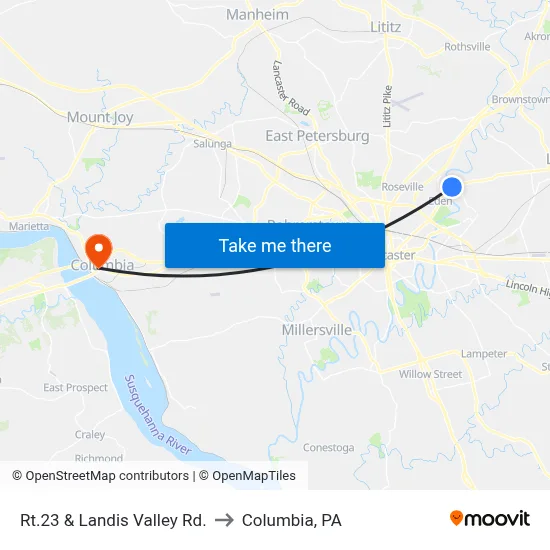 Rt.23 & Landis Valley Rd. to Columbia, PA map