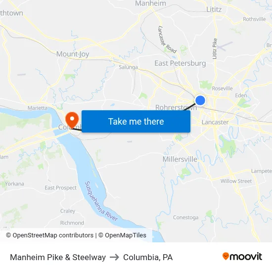 Manheim Pike & Steelway to Columbia, PA map