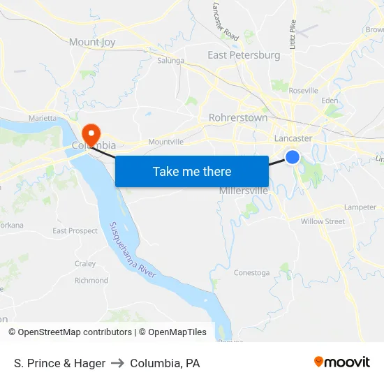 S. Prince & Hager to Columbia, PA map
