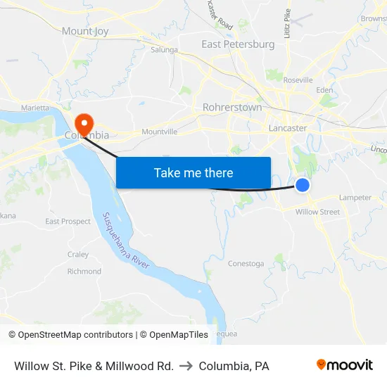 Willow St. Pike & Millwood Rd. to Columbia, PA map