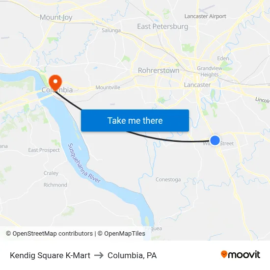 Kendig Square K-Mart to Columbia, PA map