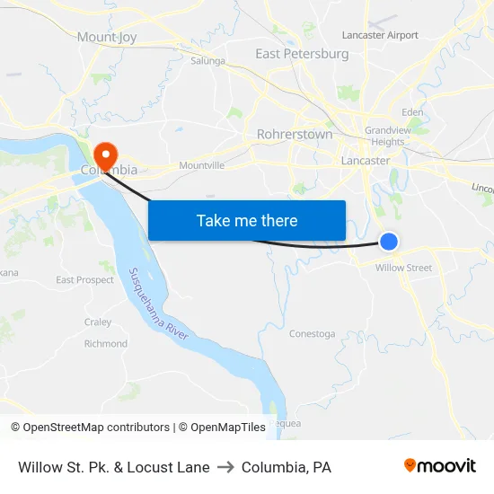 Willow St. Pk. & Locust Lane to Columbia, PA map