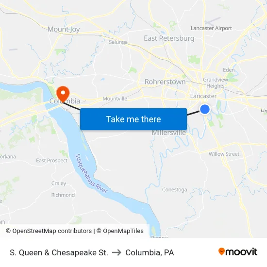 S. Queen & Chesapeake St. to Columbia, PA map