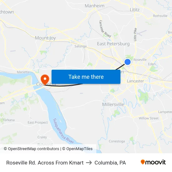 Roseville Rd. Across From Kmart to Columbia, PA map