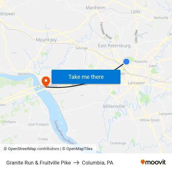 Granite Run & Fruitville Pike to Columbia, PA map