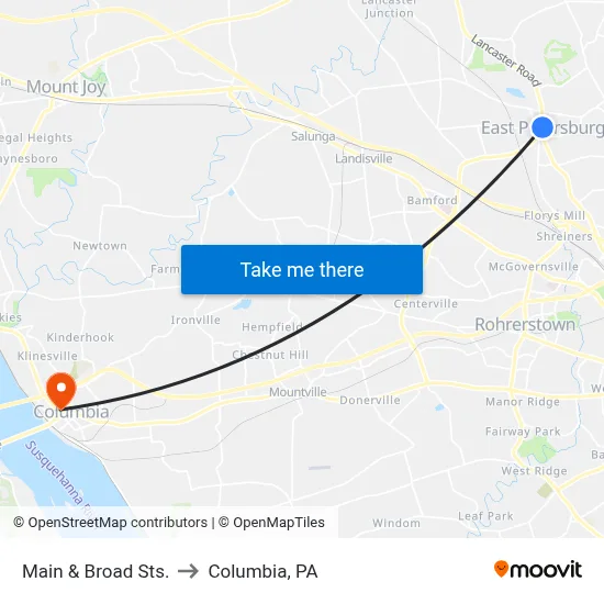 Main & Broad Sts. to Columbia, PA map