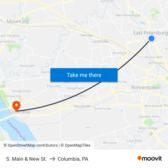 S. Main & New St. to Columbia, PA map