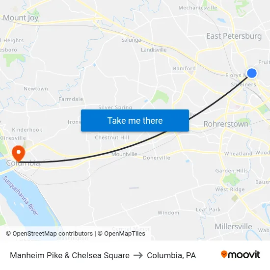 Manheim Pike & Chelsea Square to Columbia, PA map